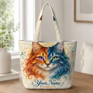 Split-Tone Orange and Blue Cat Face for Everyday Errands and Cat Mom Gifting Quilted Tote Bag