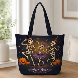 Dancing Skeletons and Pumpkins for Halloween Parties and Spooky Season Quilted Tote Bag