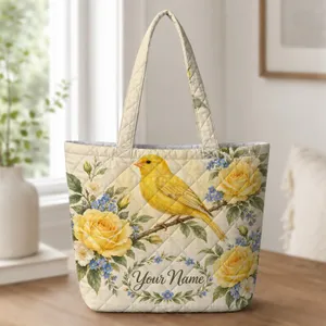 Golden Canary and Yellow Roses for Spring Garden Lovers and Birdwatchers Quilted Tote Bag