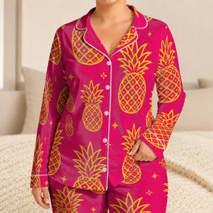 Retro Pineapple Motif in Hot Magenta for Vacation Lounging, Travel, and Gifts for Her Satin Pajamas Set