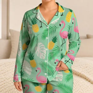 Mint Green Flamingo And Pineapple Resort Lounge For Tropical Vacation Gifts Women Satin Pajamas Set