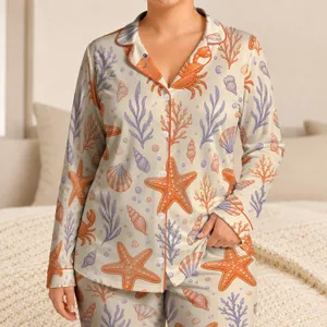 Starfish And Crab Coastal Style For Beach Vacations, Resort Stays, And Summer Lounging Satin Pajamas Set