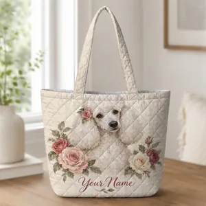 Elegant White Poodle in Vintage Rose Garden for Cottagecore Gift Giving Pet Lovers Quilted Tote Bag