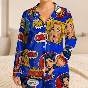 Retro Pop Art Comic Collage Gift for Her, Bold Cobalt Blue Lounge Nights Vibe Style Satin Pajamas Set