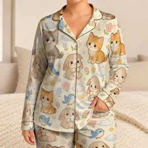 Pastel Cat Bunny Bird Motifs for Cozy Spring Nights, Home Lounging, and Gift Giving Satin Pajamas Set