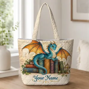Blue Dragon and Colorful Books for Fantasy Reading, Library Days and Book Lover Gifts Quilted Tote Bag