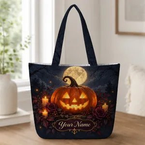 Moonlit Jack-O’-Lantern Garden for Halloween Night and Autumn Outings Quilted Tote Bag