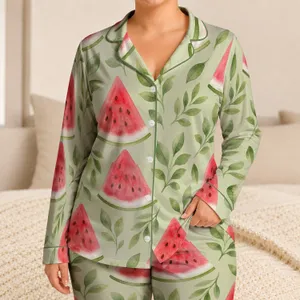 Watercolor Watermelon Slice Summer Loungewear Gift for Cozy Home and Vacation Use Satin Pajamas Set