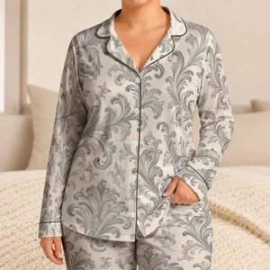 Ivory Gray Baroque Scroll Lounge Wear for Elegant Home Nights, Giftable Unisex Adults Satin Pajamas Set