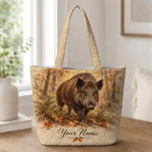 Autumn Wild Boar in a Woodland Forest for Cozy Fall Nature Lovers Quilted Tote Bag