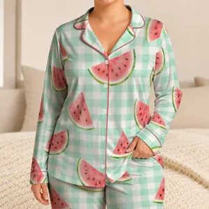 Mint Green Gingham Watermelon Motifs For Summer Lounging, Picnics, And Gift Giving Satin Pajamas Set