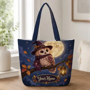 Whimsical Witch Owl Under Autumn Moon for Halloween Parties and Cozy Fall Outings Quilted Tote Bag