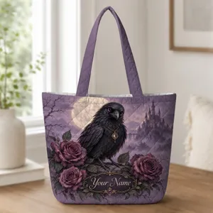Moonlit Raven, Gothic Roses and Castle for Halloween Night Out Gift Quilted Tote Bag