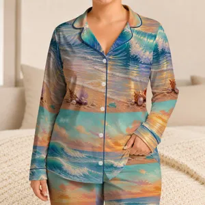 Sunset Coastal Waves and Shells for Beach Getaways, Resort Relaxation for Women Leisure Satin Pajamas Set