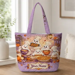 Cute Ghost Bakers and Pumpkin Pies for Cozy Halloween Kitchen Parties and Gift Giving Quilted Tote Bag