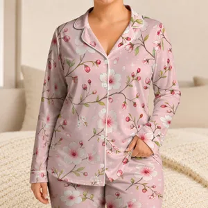 Blush Cherry Blossom Blooms Cozy Evening Lounge Gift For Women And Girls At Home Satin Pajamas Set