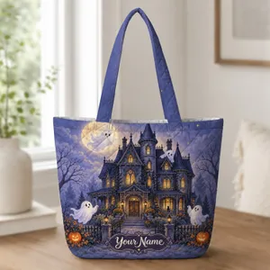Moonlit Haunted Mansion Ghosts and Pumpkins for Halloween Night Out and Autumn Gifts Quilted Tote Bag