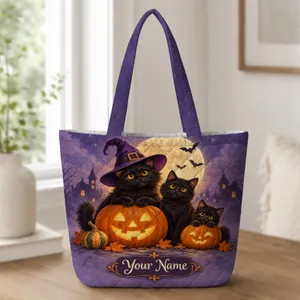 Black Cats And Jack-O-Lanterns Under A Witch Hat Moon For Halloween Cat Lovers Quilted Tote Bag