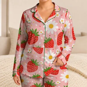 Strawberry And Daisy Blush Pink Resort Style For Summer Vacations And Cozy Evenings Satin Pajamas Set