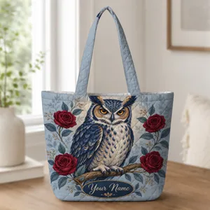 Great Horned Owl and Burgundy Roses for Dark Academia Nature Lovers Quilted Tote Bag