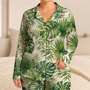 Tropical Leaf Resort Loungewear for Summer Getaways and Cozy Vacation Nights for Women Satin Pajamas Set