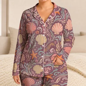 Retro Seashell Coastal Lounge for Women on Relaxed Beach Getaways and Vacation Nights Satin Pajamas Set