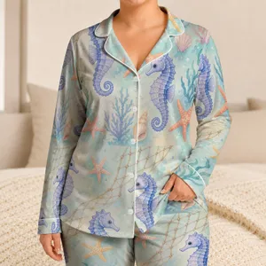 Coastal Seahorse Starfish Seafoam Gift For Ocean Lovers, Soft Lagoon Vibes At Home Satin Pajamas Set