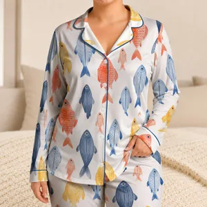 Watercolor Fish Sleepwear For Women Summer Vacation Cozy Coastal Lounge Set At Home Satin Pajamas Set