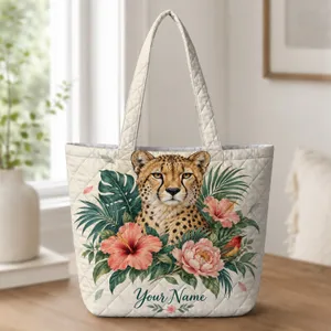 Tropical Cheetah and Hibiscus for Beach Getaways, Garden Lovers and Nature Fans Quilted Tote Bag
