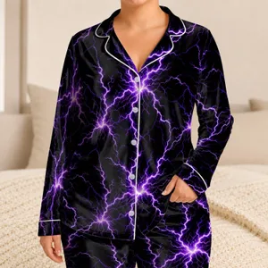 Violet Lightning Crackle on Black for Cozy Nights, Sci-Fi Fans, and Gift Giving At Home Satin Pajamas Set