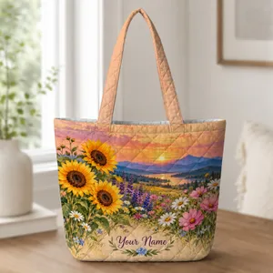 Sunflower Daisy Meadow at Sunset for Garden Lovers and Nature-Inspired Gift Giving Quilted Tote Bag