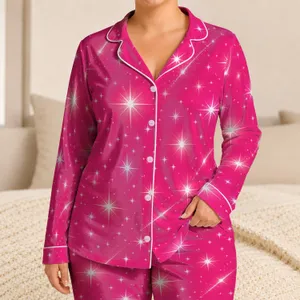 Hot Pink Starburst Sparkle For Vacations, Gifts, Women, Cozy Nights Everyday At Home Satin Pajamas Set