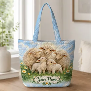 Sheep Family in Spring Meadow Flowers for Farmhouse Gifts and Country Living Lovers Quilted Tote Bag