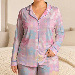 Pink Lilac Blossom Plaid Resort Style For Cozy Evenings And Weekend Getaways Women Satin Pajamas Set