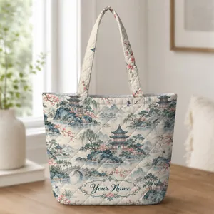 Chinoiserie Pagoda and Crane Scenery for Mahjong Nights and Elegant Game Day Gifts Quilted Tote Bag