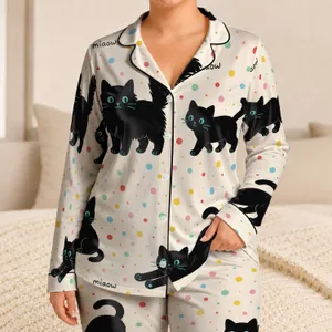 Whimsical Black Kitten Confetti for Cozy Lounging, Gift Idea for Cat Lovers and Women Satin Pajamas Set