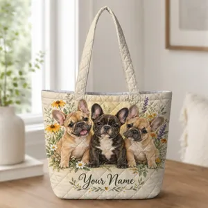 French Bulldog Puppies With Wildflowers for Dog Lovers and Springtime Gifts Quilted Tote Bag