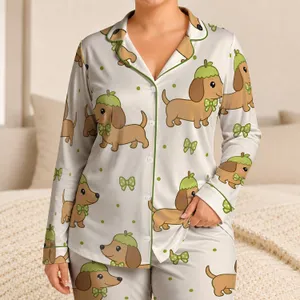 Cute Dachshund Puppies With Green Caps For Boutique Gifting And Cozy Nursery Charm Satin Pajamas Set