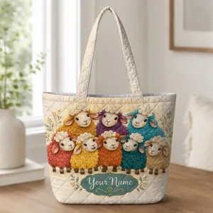 Colorful Sheep and Rainbow Farm Friends for Cozy Cottagecore Days and Farm Visits Quilted Tote Bag