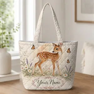 Spotted Fawn and Butterfly Meadow for Cottage Garden Days and Woodland Lovers Quilted Tote Bag