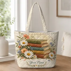 Vintage Book Stack and Wildflowers for Cozy Reading Days and Booklover Gifts Quilted Tote Bag