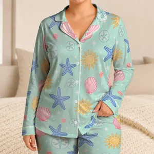 Mint Aqua Coastal Doodle Starfish Shells Sunbursts Summer Resort Getaway For Women Satin Pajamas Set