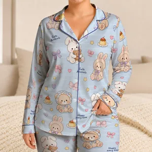 Soft Blue Candy Stripe Bunny Bear Cozy Home Nights And Sleepy Weekends For Women Gift Satin Pajamas Set