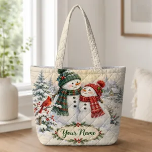 Snowman Couple and Red Cardinal for Cozy Christmas Winter Cheer Quilted Tote Bag