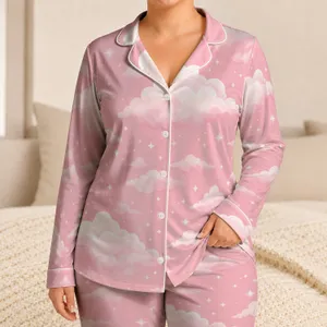 Blush Pink Cloud And Star Sleep Set For Cozy Bedtime Lounging At Home Plus Size Women Satin Pajamas Set