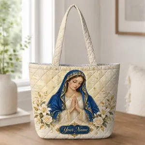 Virgin Mary Blue Gold Devotional Art for Prayer and Catholic Gifts Quilted Tote Bag