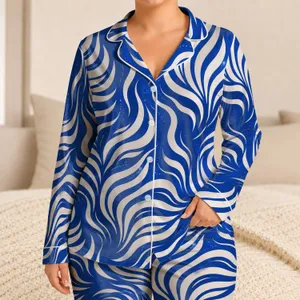 Royal Blue Ivory Zebra Stripe Resort Lounge Style For Beach Getaways And Vacations Satin Pajamas Set