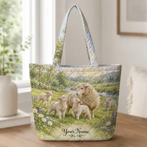 Sheep and Lamb Meadow Scene for Cottagecore Laundry Days and Farmhouse Home Lovers Quilted Tote Bag