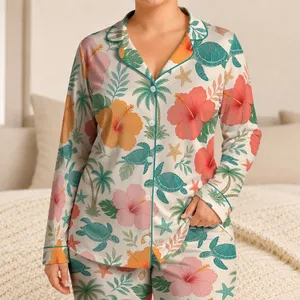 Tropical Hibiscus Sea Turtle Coastal Resort Getaway Ivory Vacation Style for Women Satin Pajamas Set