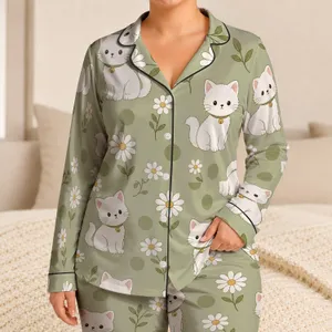Matcha Sage Kawaii Cats and Daisies Cozy Loungewear Gift for Cat Lovers At Home Satin Pajamas Set